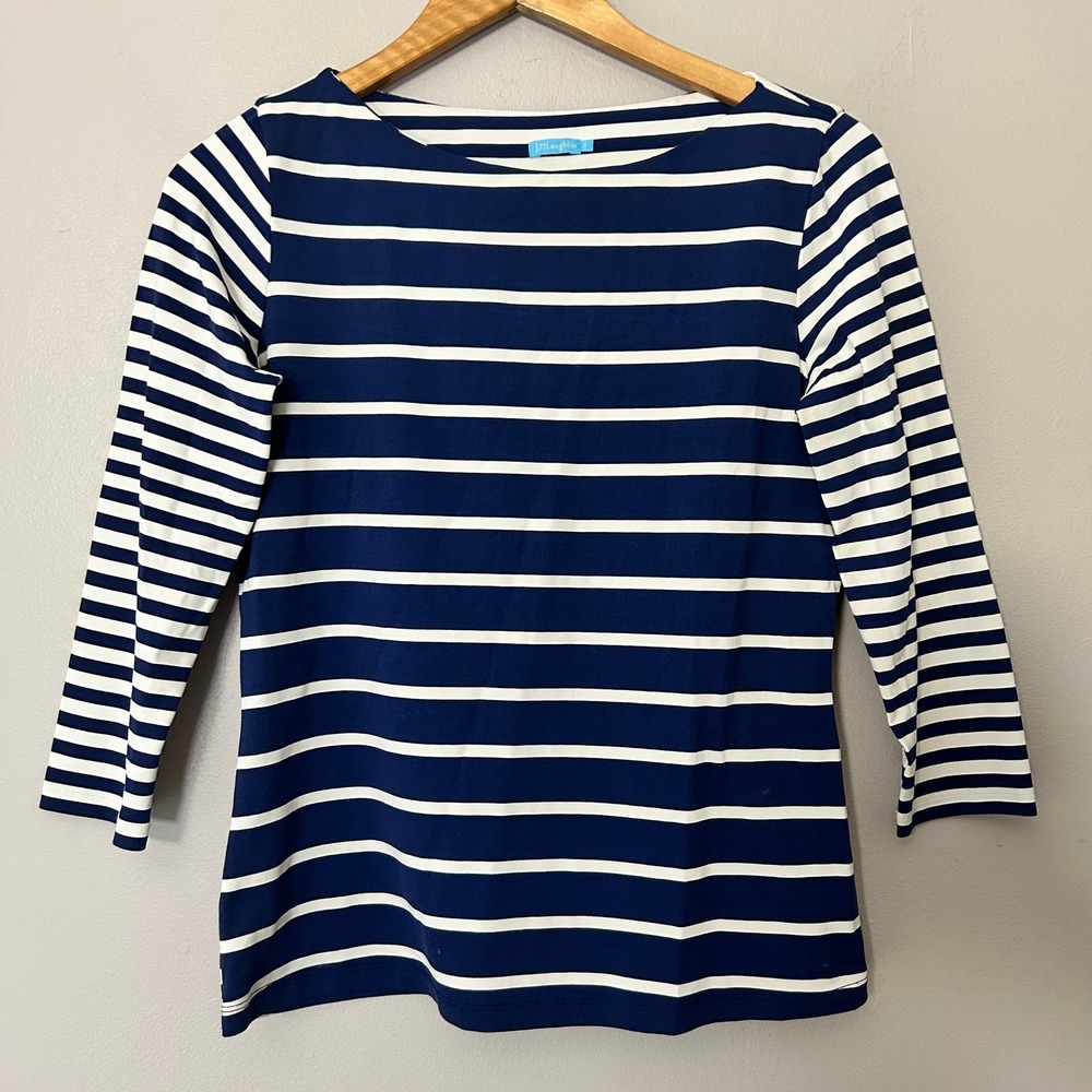 J.McLaughlin Top Women S Navy White Striped Boat Neck 3/4 Sleeve Nautical